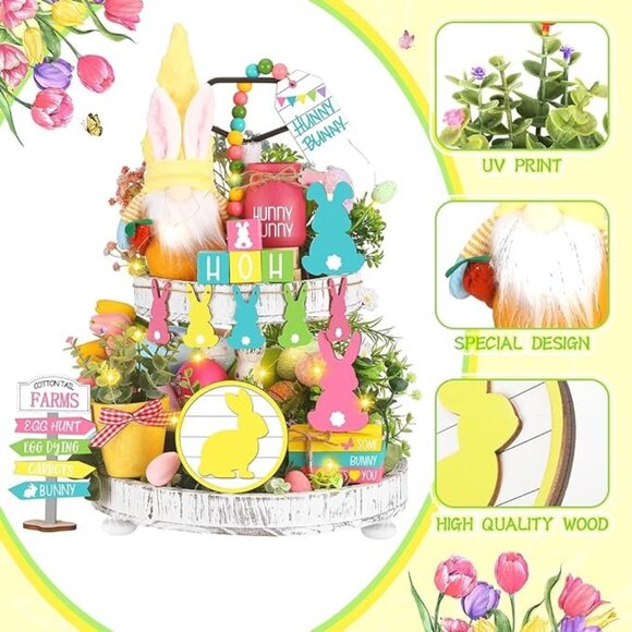 16 Solid Wood Pieces for Easter Tiered Tray Center Piece Decor with String Light - Picture 4 of 8